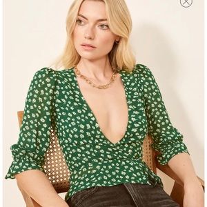 Reformation Emma Wrap Top - green + white